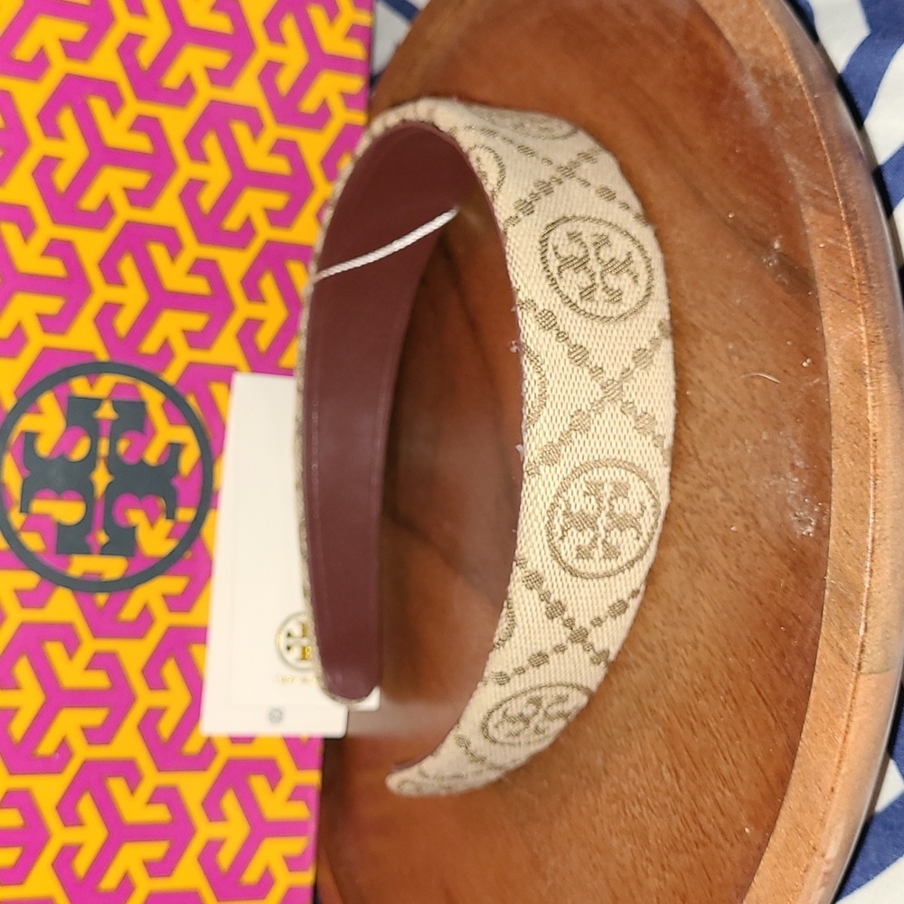 Tory Burch Beige Logo Jacquard Headband with Brown Lining